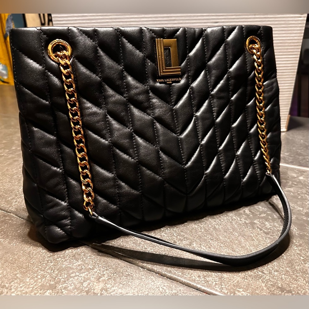 Karl Lagerfeld Black Quilted Shoulder Bag with Gold Chain